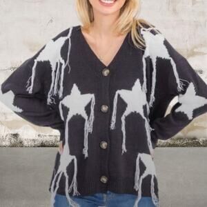 BiBi Black and White Star Fringe Cardigan Size Small